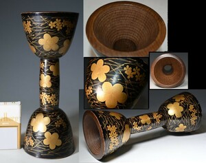 時代 小鼓 梅松桜蒔絵鼓胴 段鉋目彫 和太鼓 和楽器 黒漆 漆芸 太鼓 堤 打楽器 能楽 雅楽 伝統