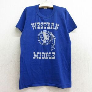 古着 ラッセル 半袖 ビンテージ Tシャツ キッズ ボーイズ 子供服 70s インディアン WESTERN MIDDLE クルーネック 青 ブルー 24jul24