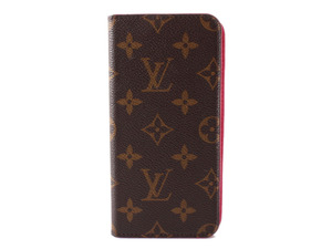 E23638 美品 LOUIS VUITTON ルイヴィトン モノグラム iphone7Plus アイフォンケース スマホケース 手帳型 ブラウン×ピンク スペイン製