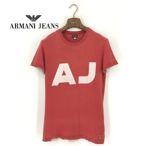 B0092/ビンテージ ARMANI JEANS アルマーニジーンズ コットン クルーネック デカロゴプリント 半袖 Tシャツ カットソー L 赤 メンズ