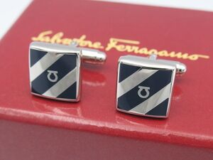 ●Salvatore Ferragamo サルバトーレ フェラガモ ガンチーニ カフスボタン ストライプ シルバー×ネイビー系 アクセサリー 箱付き●