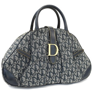 1円 ◎美品 Christian Dior クリスチャンディオール ダブルサドル ハンドバッグ ボストン トロッター ネイビー◎E.Cem.tI-09