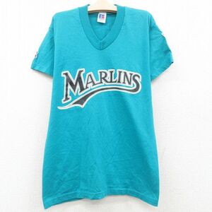 古着 ラッセル 半袖 ビンテージ Tシャツ キッズ ボーイズ 子供服 80s マーリンズ Vネック 青緑 23may18 5OF