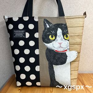 大きめ！マチ広め！ひょっこり ねこ 猫 ネコ 黒 白 ドット 水玉 エコ トートバッグ hand made ハンドメイド ショルダー 斜め掛け