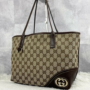 極美品 GUCCI グッチ ビジネスバッグ ブリーフケース トート ハンド キャンバス GG 総柄 ロゴ型押し 通勤 書類 金具 大容量 ステッチ ロゴ