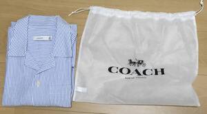 【新品未使用】COACH 半袖 シャツ Mサイズ メンズ　水色/白 ストライプ コーチ 保存袋付 