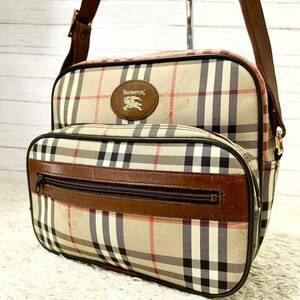 美品 BURBERRY バーバリー ノバチェック キャンバス カーフ レザー ショルダー バッグ ベージュ ブラック ブラウン ヴィンテージ