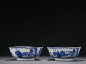 【瓏】陶磁器 青花人物故事碗一対 大清康熙年製 染付 置物擺件 古賞物 中国古美術 蔵出