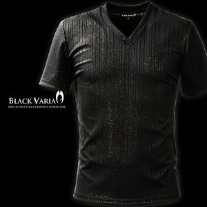 173313-bkgo BLACK VARIA ラメ×ランダムテレコ メンズ Vネック半袖Tシャツ (ブラック黒ゴールド金) XL モードカジュアル カットソー