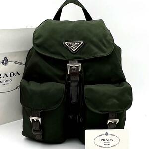 《美品》ギャランティカード付 PRADA プラダ 三角ロゴ Wポケット レザー ナイロン ミニリュック デイパック カーキ B6677F