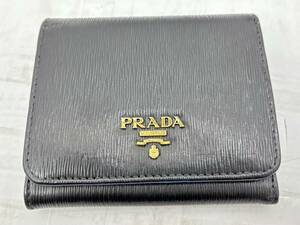 送料無料h58679 PRADAプラダ 三つ折財布 ヴィッテロムーブ ブラック系 ブルー系 ミニ財布 比較的美品