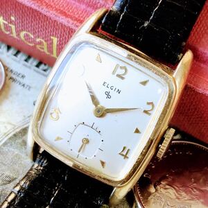 #3370【シックでお洒落】メンズ 腕時計 エルジン 動作品 手巻 ELGIN 金張り アンティーク ヴィンテージ 17石 機械式 四角 スクエアー GOLDF