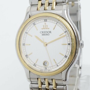 2406-513 セイコー クオーツ 腕時計 SEIKO 9572 6000 クレドール 18KTベゼル 下日付 白文字盤 純正 コンビカラーブレス