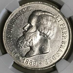 ★1888　ブラジル　2000レイス銀貨　NGC AU DETAILS CLEANED