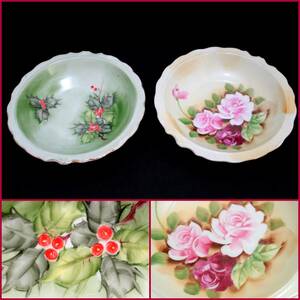 【 Hand Painted Porcelain】ハンドペイント(柊・薔薇)『約18ｃｍディーププレート２客』《中古品》ビンテージ調/手描き/深皿/レア/BVT3191