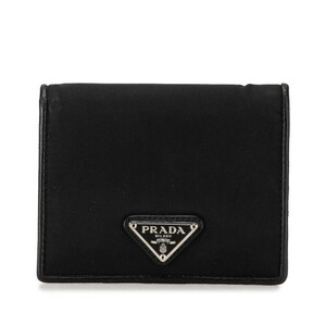 プラダ 三角ロゴプレート 二つ折り財布 コンパクトウォレット ブラック ナイロン レザー レディース PRADA 【中古】