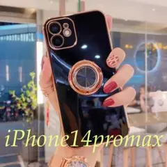 ブラックiPhone14promax用スマホケースリング付きカメラカバー一体韓国