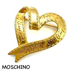 MOSCHINO｜モスキーノ ブローチ【アクティ】ハート リボン ロゴ ゴールドカラー ヴィンテージ アクセサリー ac1094