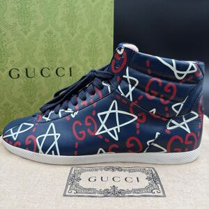 1円 【箱袋有 未使用級】 GUCCI グッチ 【圧倒的高級感】 ゴースト メンズ ハイカット スニーカー シューズ 靴 総柄 ネイビー GG 26.5cm位