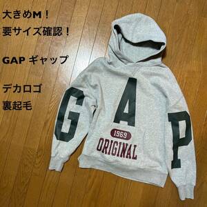 大きめM！要サイズ確認！ GAP ギャップ 古着デカロゴスウェットパーカー グレー 裏起毛 オーバーサイズ ビッグシルエット