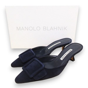 美品 MANOLO BLAHNIK マノロブラニク Maysale スエード ミュール パンプス 36.5 約23.5cm ネイビー