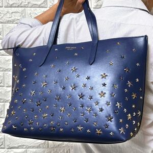 極美品/入手困難◎ JIMMY CHOO メンズ A4収納 トートバッグ BRIA TOTE 星 スタッズ ネイビーブルー 大容量 肩掛け レザー 近年モデル◎