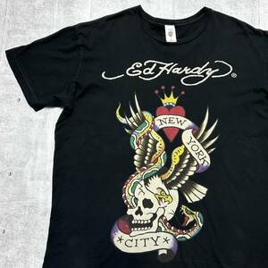 USA製 Ed Hardy 王冠 染み込みプリント Tシャツ エドハーディー　　アメリカ製 半袖 NEW YORK CITY ドクロ 骸骨 ハート ブラック 柳10110