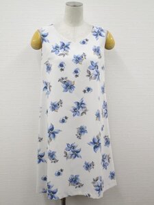 美品 ミッシュマッシュ MISCH MASCH ひざ丈 Vネック ノースリーブワンピース M ホワイト地 ブルー×オレンジ 花柄 【メール便可】