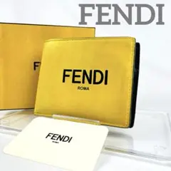 FENDI 二つ折り財布　ロゴプリント　レザー　イエロー　バイカラー　型押し