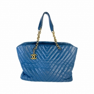 CHANEL シャネル Vステッチ ココマーク レザー ショルダーバッグ ブルー A-2697