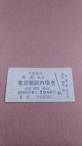 寿都鉄道　寿都から東京都区内ゆき　函館/浦町経由　2等　2040円　寿都駅発行