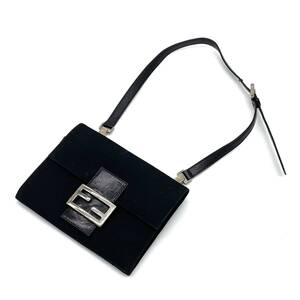 1円 べたなし 美品 FENDI フェンディ コットンジャージー マンマ ショルダーバッグ ブラック FFロゴ SV金具