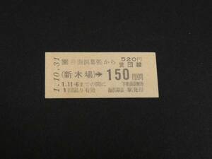 【JR東日本】海浜幕張から営団新木場経由経由520円　B型　H1.10.31　（日付印刷券）