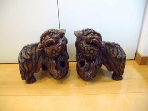 良品 中古!!シーサー 狛犬 一刀彫 木彫り 置物 2個セット