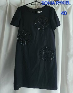 美品　保管シワ　SONIA RYKIEL　薄手コットンワンピース　スパンコールモチーフ ひざ丈 黒 半袖