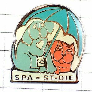 ピンバッジ・犬と猫イヌとネコ傘をさす動物愛護SPA◆フランス限定ピンズ◆レアなヴィンテージものピンバッチ