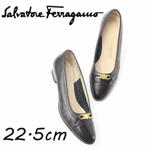 ◆Salvatore Ferragamo サルヴァトーレ フェラガモ レザー ガンチーニ金具 オーバルトゥ ローヒール パンプス 黒 ブラック 5 1/2