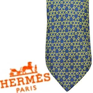 送料600円~(即決は送料無料) HERMESシルクネクタイ幾何学模様ネイビー×イエロー フランス製メンズ紺×黄サークル リング リンク絹エルメス