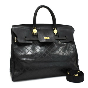 1円 ◆美品 GIANNI VERSACE ヴェルサーチ 2wayバッグ サンバースト グレカ ゴールド金具 レザー ブラック◆E.Csom.tI-01