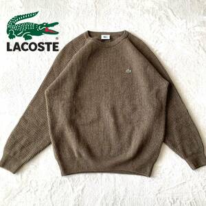 【美品】LACOSTE ラコステ ウール クルーネック リブ ミドルゲージ ニット セーター オーバーサイズ 無地 ワンポイン XL 大沢商会タグ