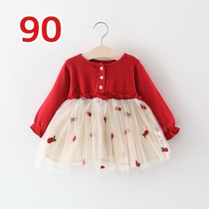 90 チュール ワンピース スカート 長袖 ベビー ベビー服 赤 レッド 赤ちゃん 誕生日 ドレス 入園式 結婚式 キッズ 女の子