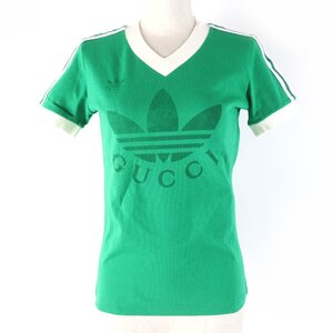 美品 GUCCI グッチ adidas アディダス 693636 コットン100％ トレフォイル フロントロゴ 半袖Ｔシャツ グリーン 34 正規品 レディース