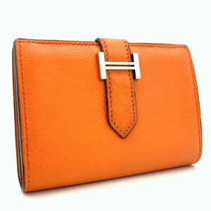 1円 美品 エルメス HERMES ベアン カードケース 大容量 □L刻 ヴォーエプソン パスケース 名刺入れ レザー オレンジ コインケース S金具