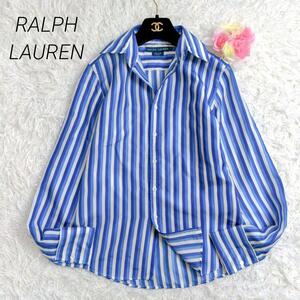 【美品】RALPH LAUREN　シルク100%ブラウス　ストライプ　ブルー　M　長袖　silk　ヴィンテージ　ビンテージ