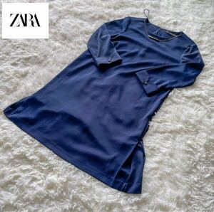 美品 ZARA BASIC ザラ ミニワンピース ネイビー 八分袖 お呼ばれ ワンピース ひざ丈 トップス 長袖 チュニック ネイビー Sサイズ