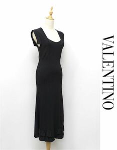 HGD-L307/美品 VALENTINO ドレス ロングワンピース ミモレ丈 ノースリーブ ニット フレア ストレッチ 40/4 M グレー イタリア製