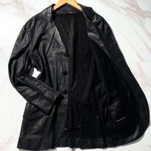 美品 希少L◆EMPORIO ARMANI テーラードジャケット 黒タグ ディアスキン レザー 本革 ブラック 黒 48サイズ シングル エンポリオアルマーニ