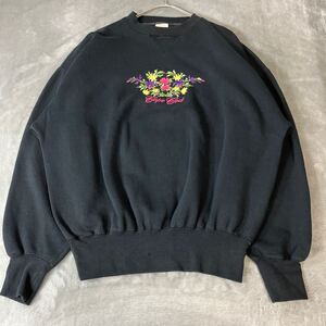 花柄 刺繍 スウェット トレーナー US古着 90s〜00s クルーネック ブラック黒 かわいい　ボタニカル　レディースXL〜2XL