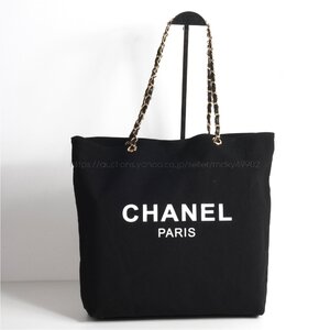 シャネル CHANEL ノベルティ VIPギフト トートバッグ チェーン 帆布 キャンバス 両面 プリント レディース ブランド 黒 非売品