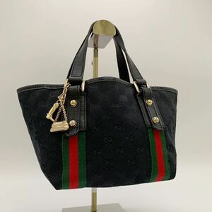 美品 グッチ GUCCI ミニ トートバッグ キャンバス GG シェリーライン チャーム レザー レディース ハンドバッグ ブラック ホースビット 黒